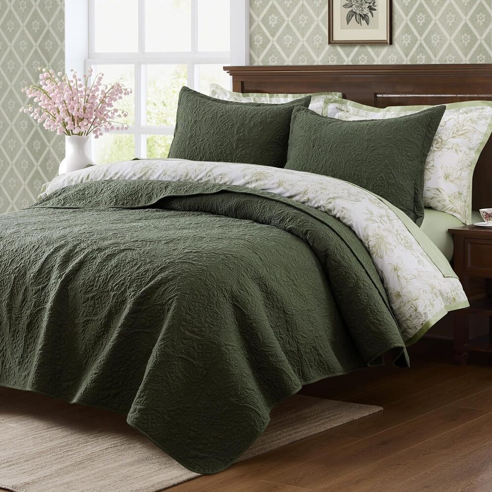 Paisley Quilt Set King Size, Olive Green Matelasse Lightweight Bedspread